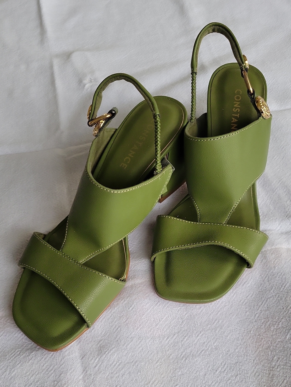 CONSTANCE Olive Green Crisscross Slingback Heels with Gold Buckle